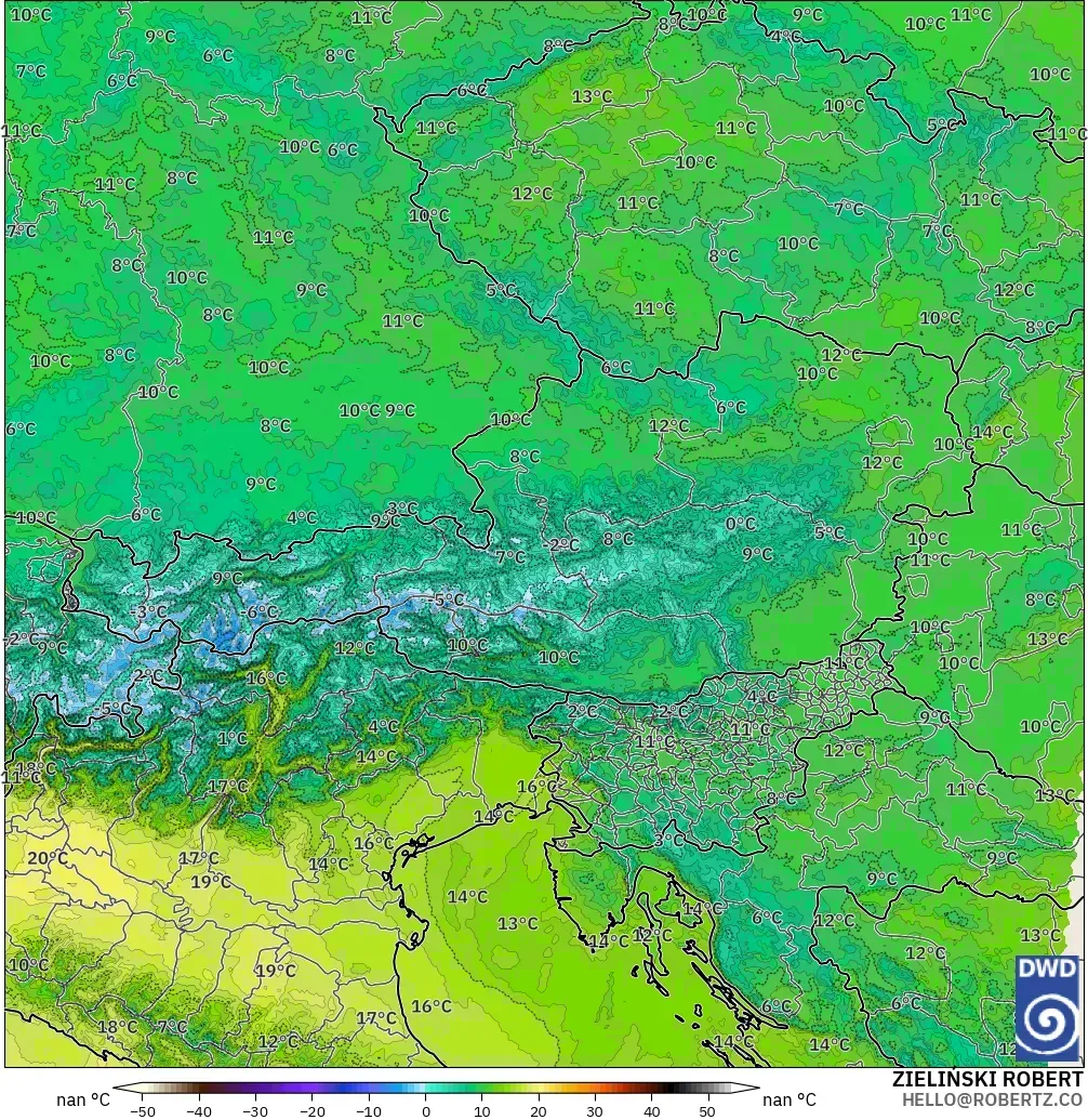 ICON Alemania 2 km modelo - Austria, Temperatura a 850 hPa
