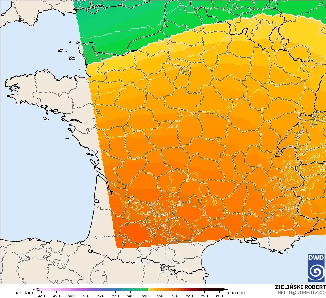 ICON Alemania 2 km modelo - Francia, Altura geopotencial a 500 hPa