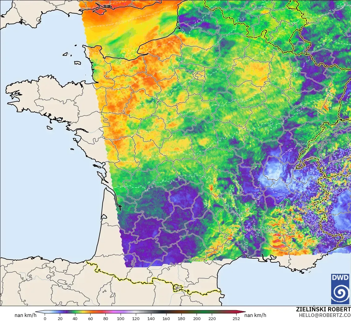 ICON Alemania 2 km modelo - Francia, Ráfagas de viento