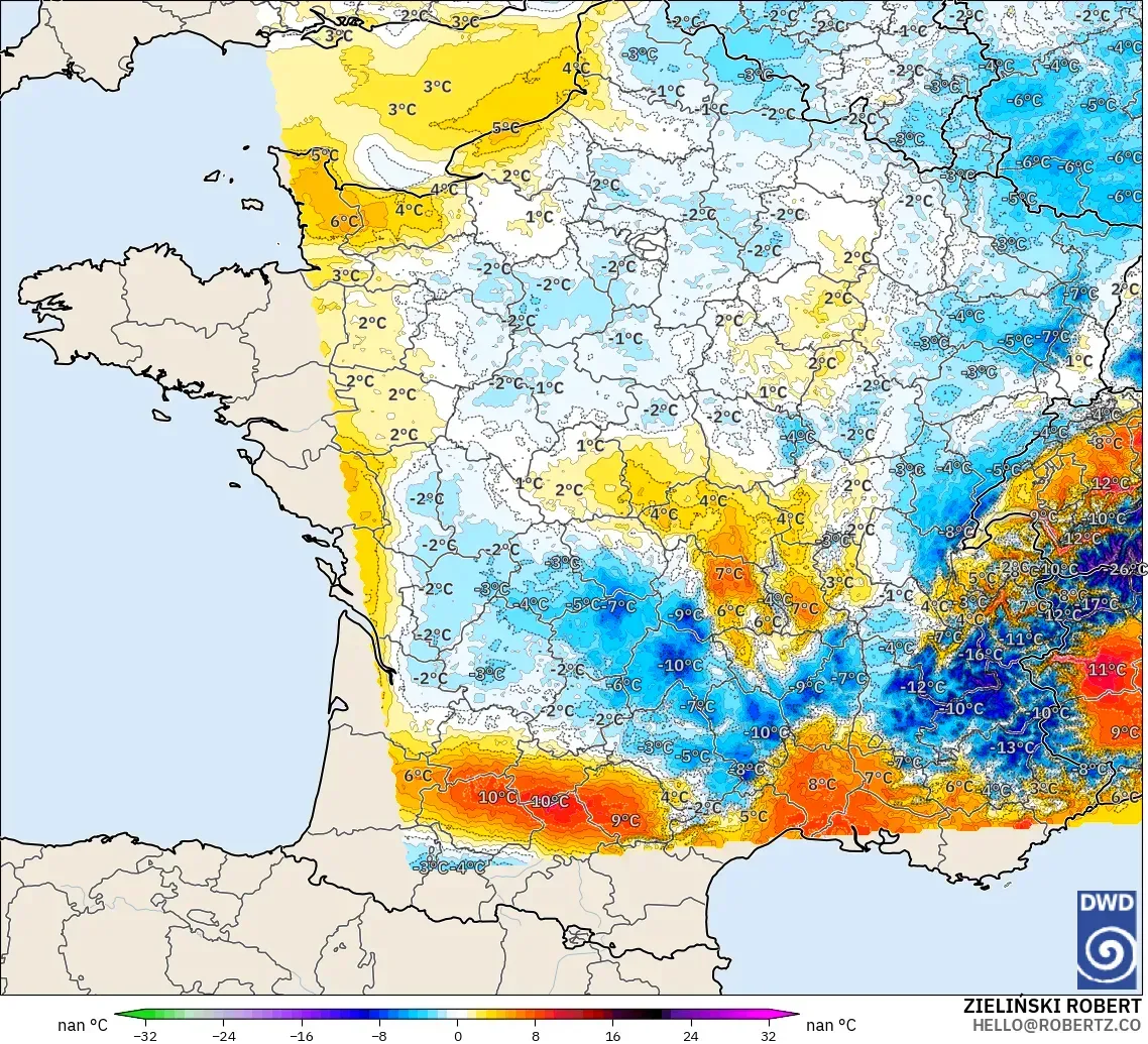 ICON Alemania 2 km modelo - Francia, Anomalía de temperatura a 2 m