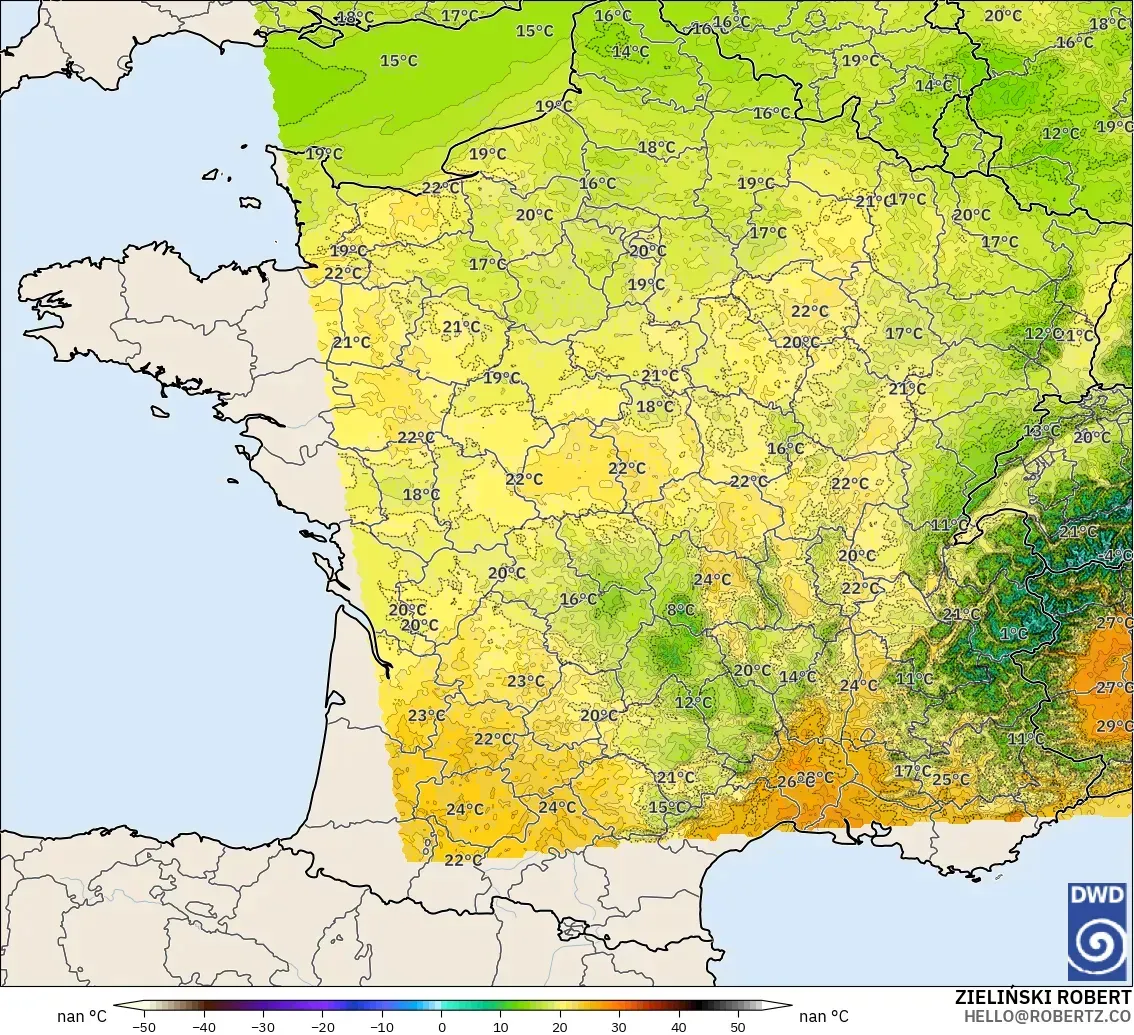 ICON Alemania 2 km modelo - Francia, Temperatura a 2 m