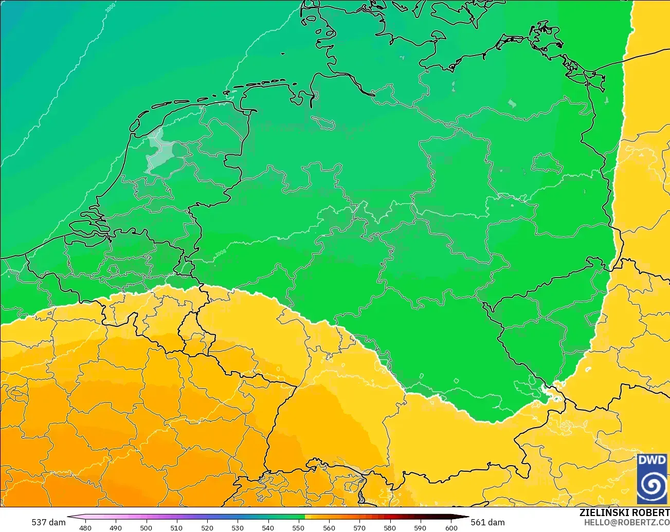 ICON Alemania 2 km modelo - Alemania, Altura geopotencial a 500 hPa