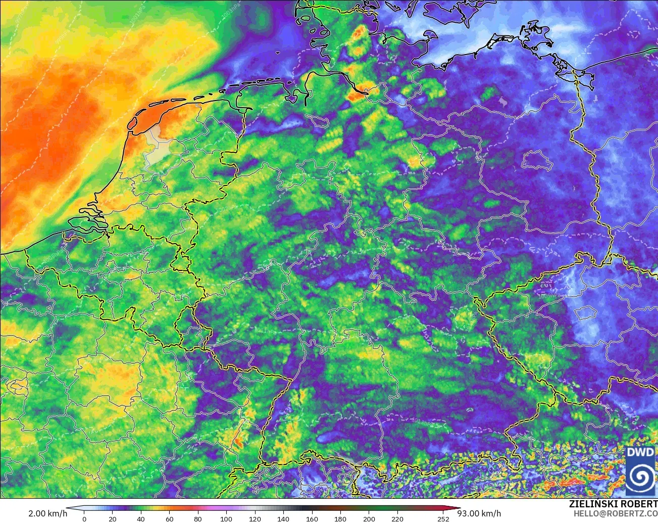 ICON Alemania 2 km modelo - Alemania, Ráfagas de viento