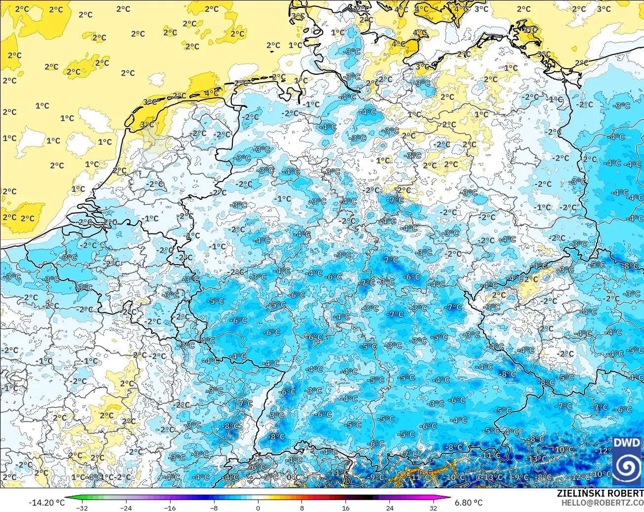 ICON Alemania 2 km modelo - Alemania, Anomalía de temperatura a 2 m