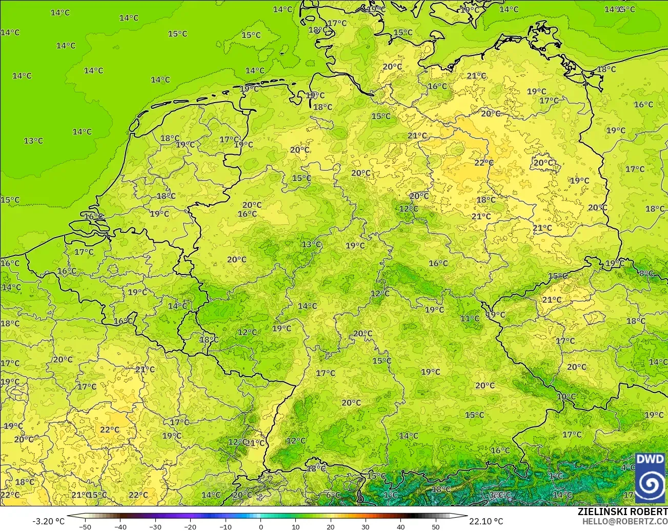 ICON Alemania 2 km modelo - Alemania, Temperatura a 2 m
