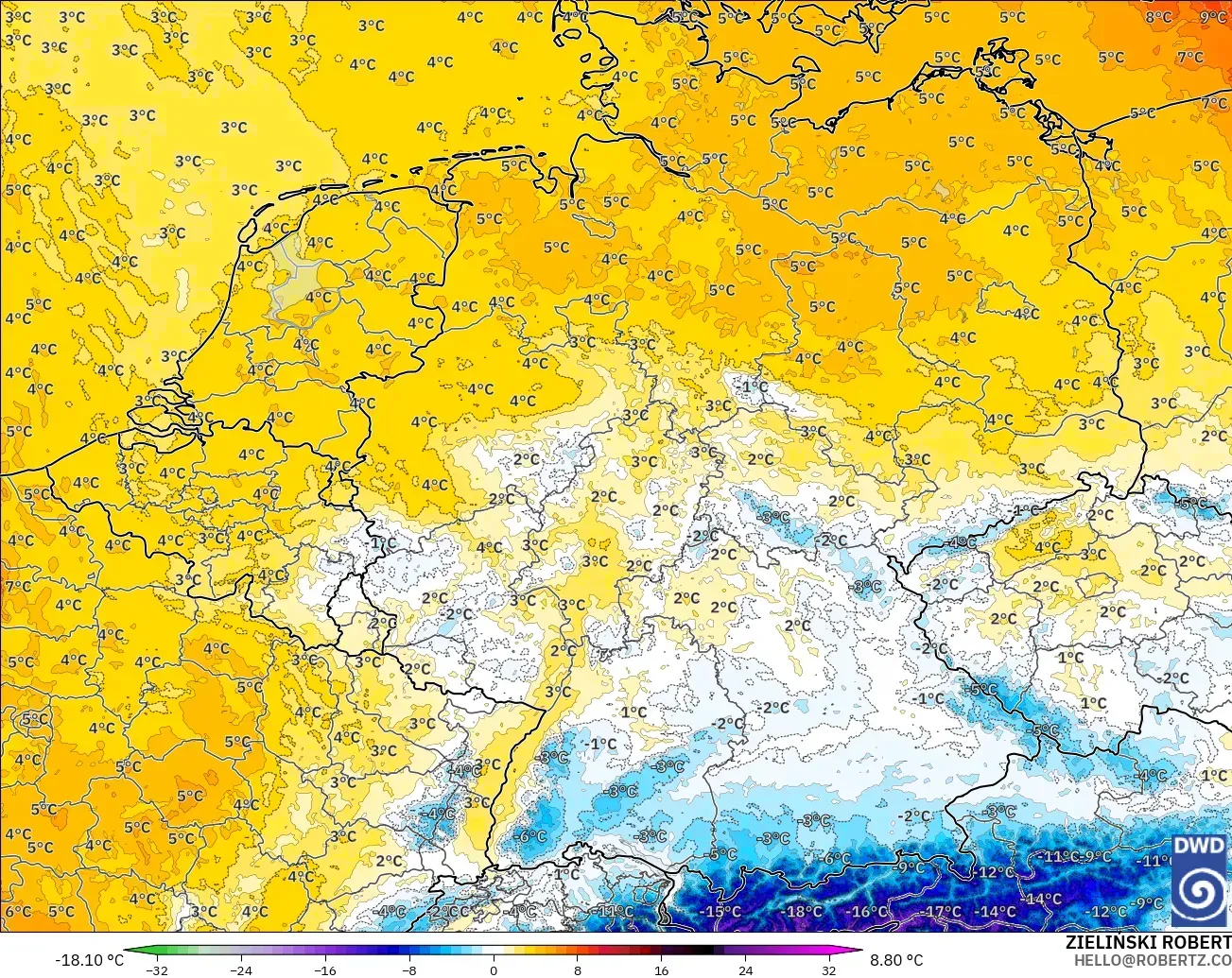 ICON Alemania 2 km modelo - Alemania, Anomalía de temperatura a 850 hPa