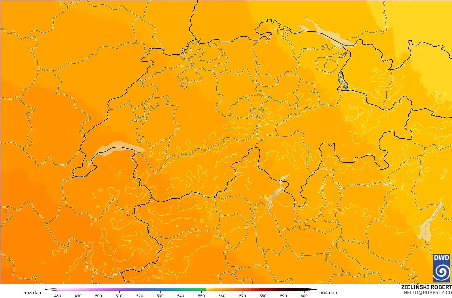 ICON Alemania 2 km modelo - Suiza, Altura geopotencial a 500 hPa