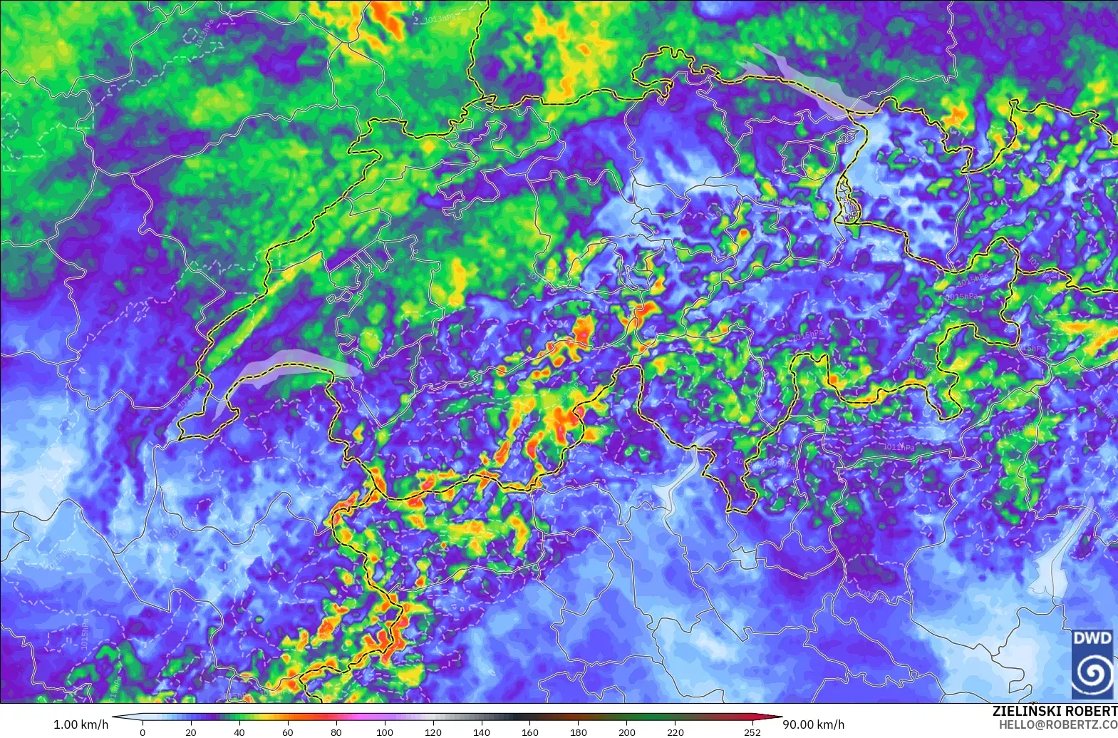 ICON Alemania 2 km modelo - Suiza, Ráfagas de Viento Máximas