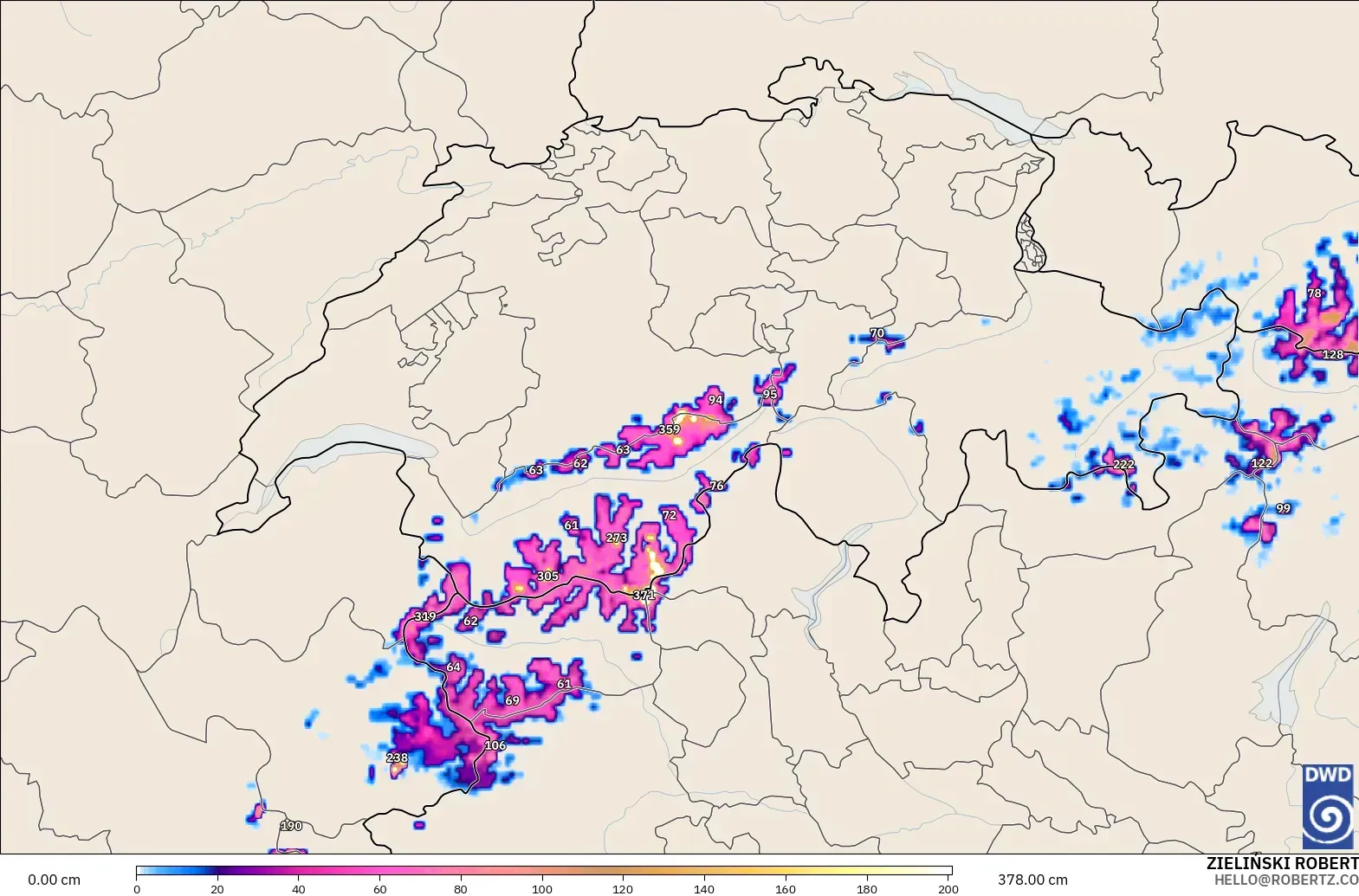ICON Alemania 2 km modelo - Suiza, Profundidad de nieve