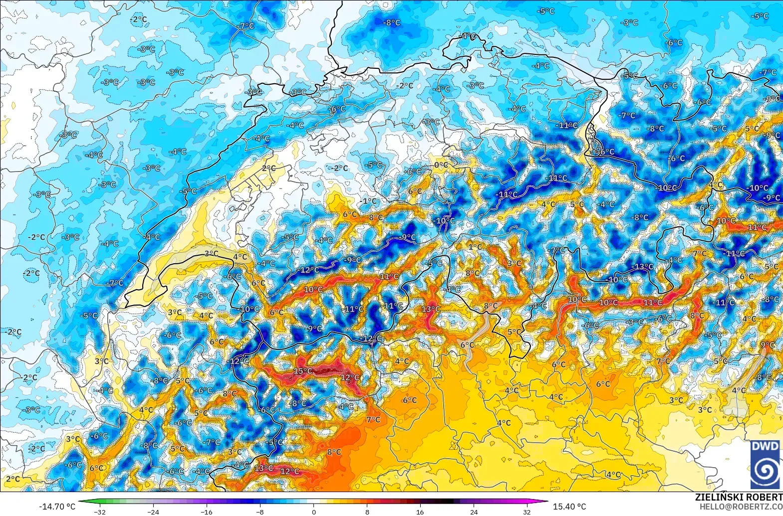ICON Alemania 2 km modelo - Suiza, Anomalía de temperatura a 2 m