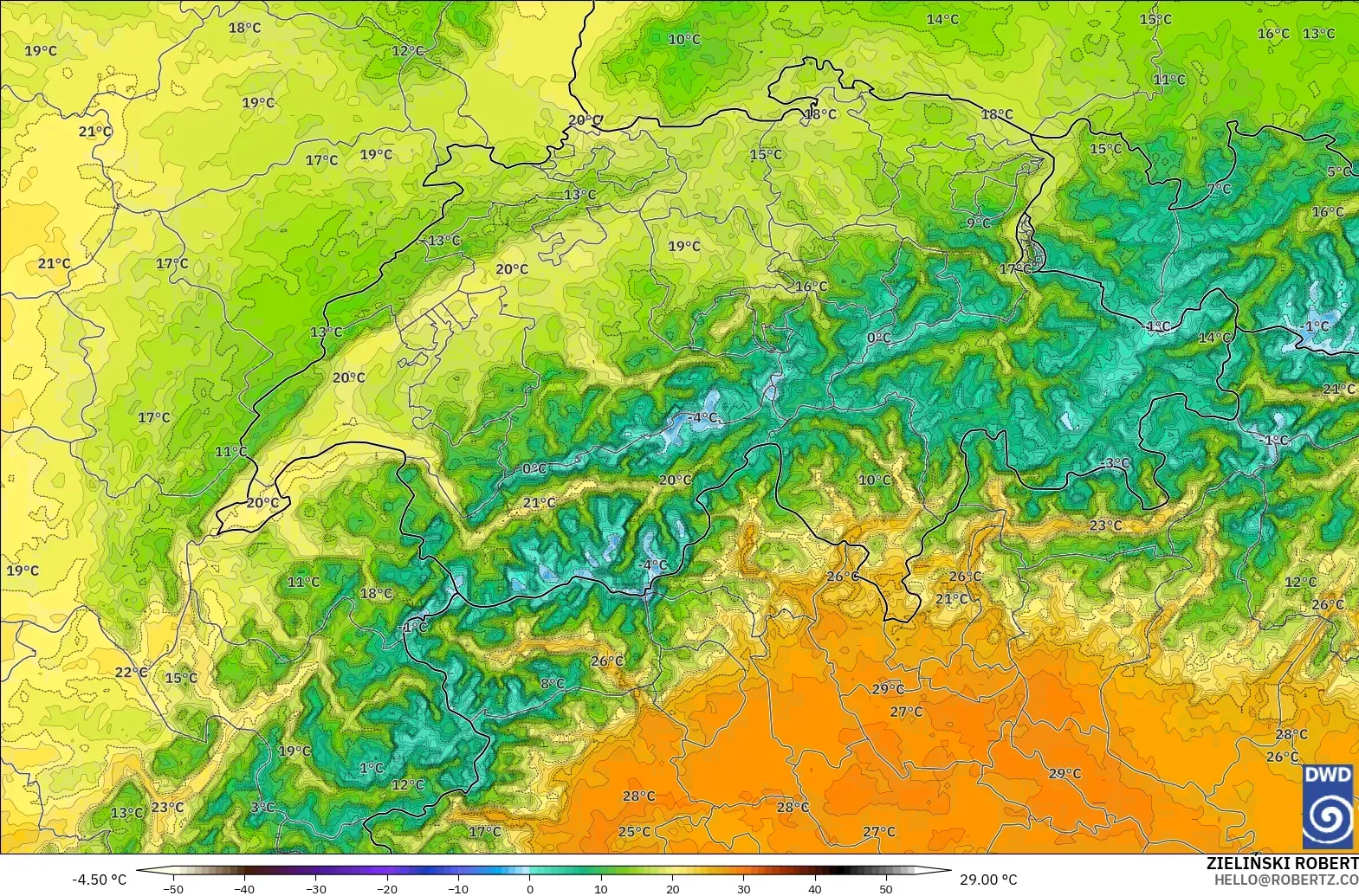 ICON Alemania 2 km modelo - Suiza, Temperatura a 2 m