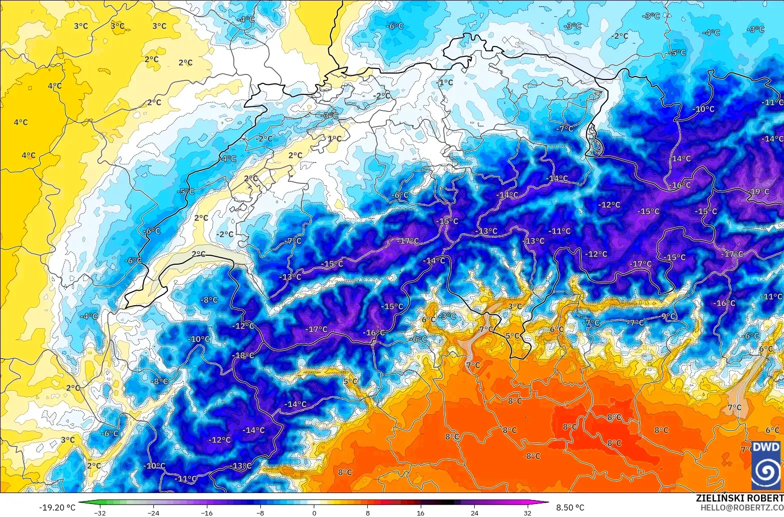 ICON Alemania 2 km modelo - Suiza, Anomalía de temperatura a 850 hPa