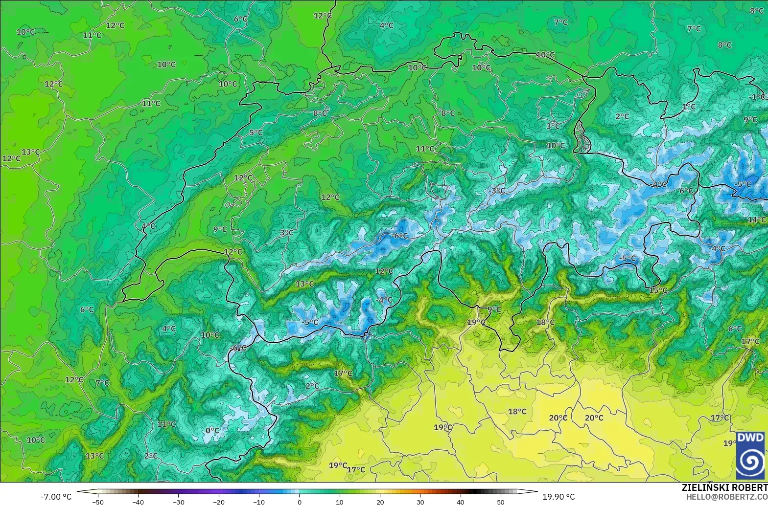 ICON Alemania 2 km modelo - Suiza, Temperatura a 850 hPa
