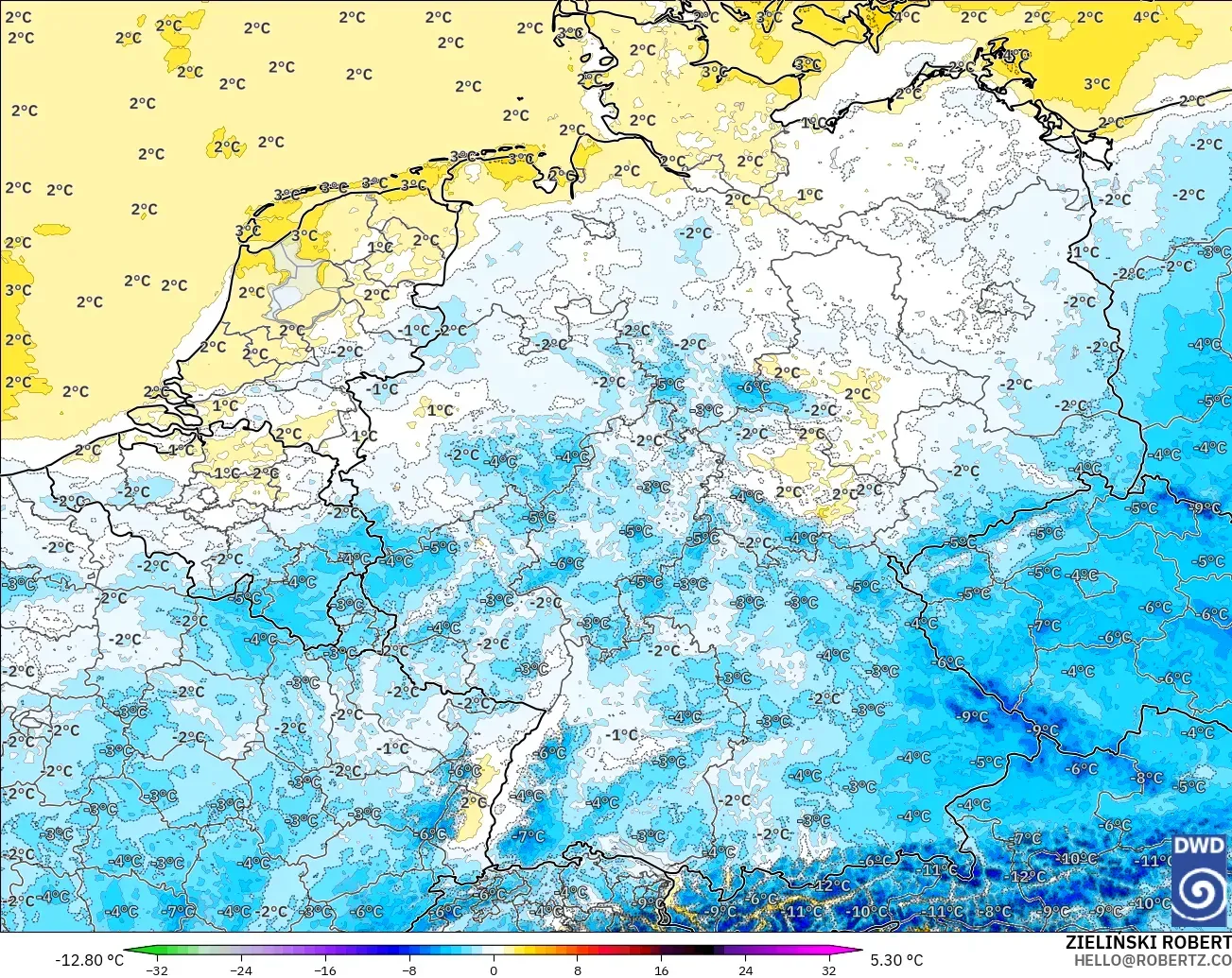 ICON Alemania 2 km modelo - Alemania, Anomalía de temperatura a 2 m