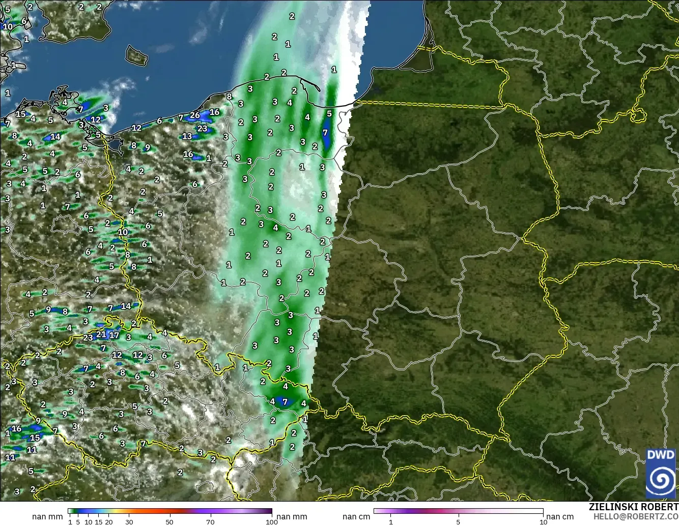 ICON Alemania 2 km modelo - Polonia, Precipitación, nubes y presión