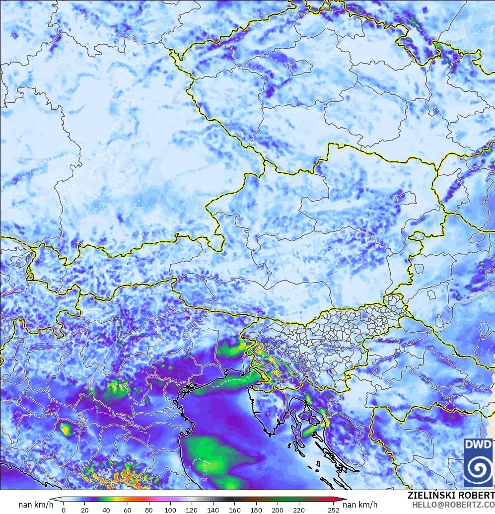 ICON Alemania 2 km modelo - Austria, Ráfagas de viento