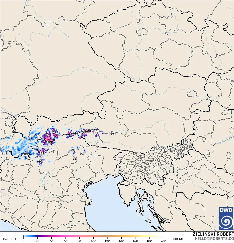 ICON Alemania 2 km modelo - Austria, Profundidad de nieve