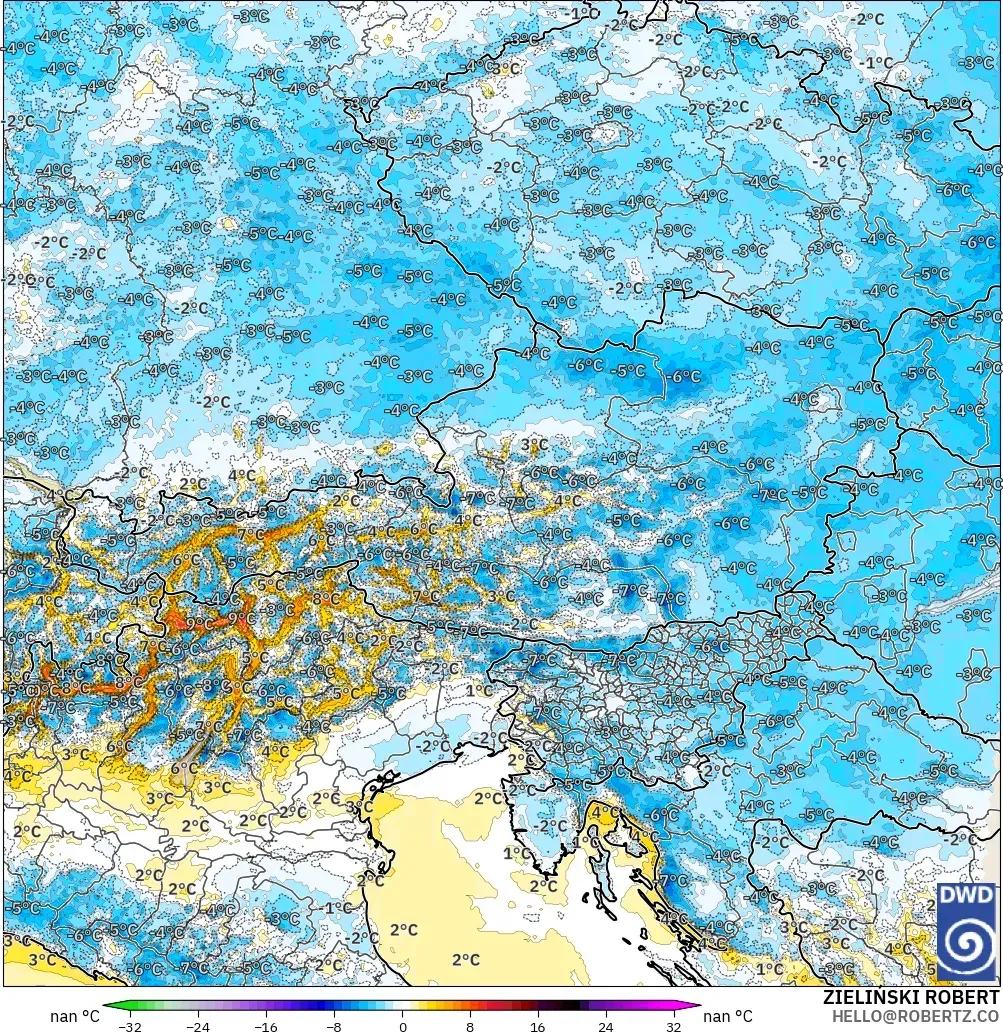 ICON Alemania 2 km modelo - Austria, Anomalía de temperatura a 2 m