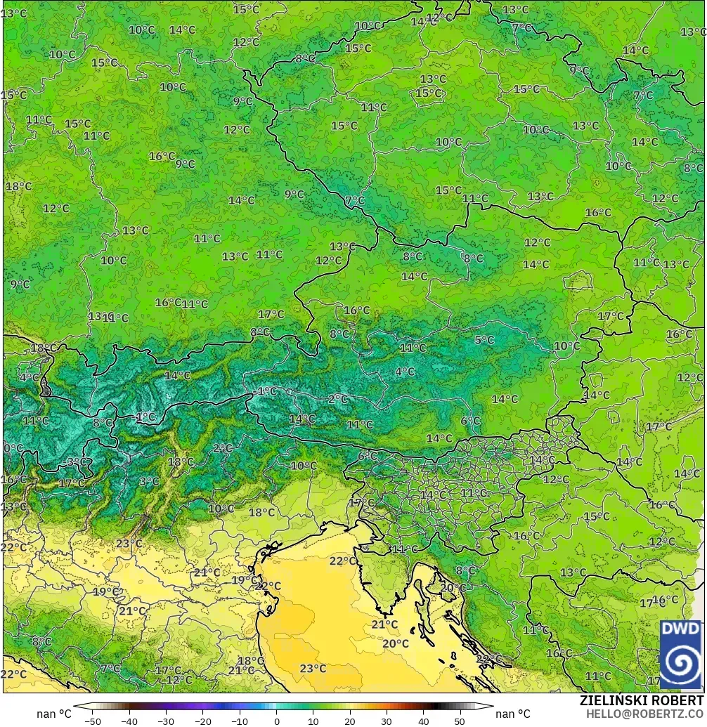 ICON Alemania 2 km modelo - Austria, Temperatura a 2 m