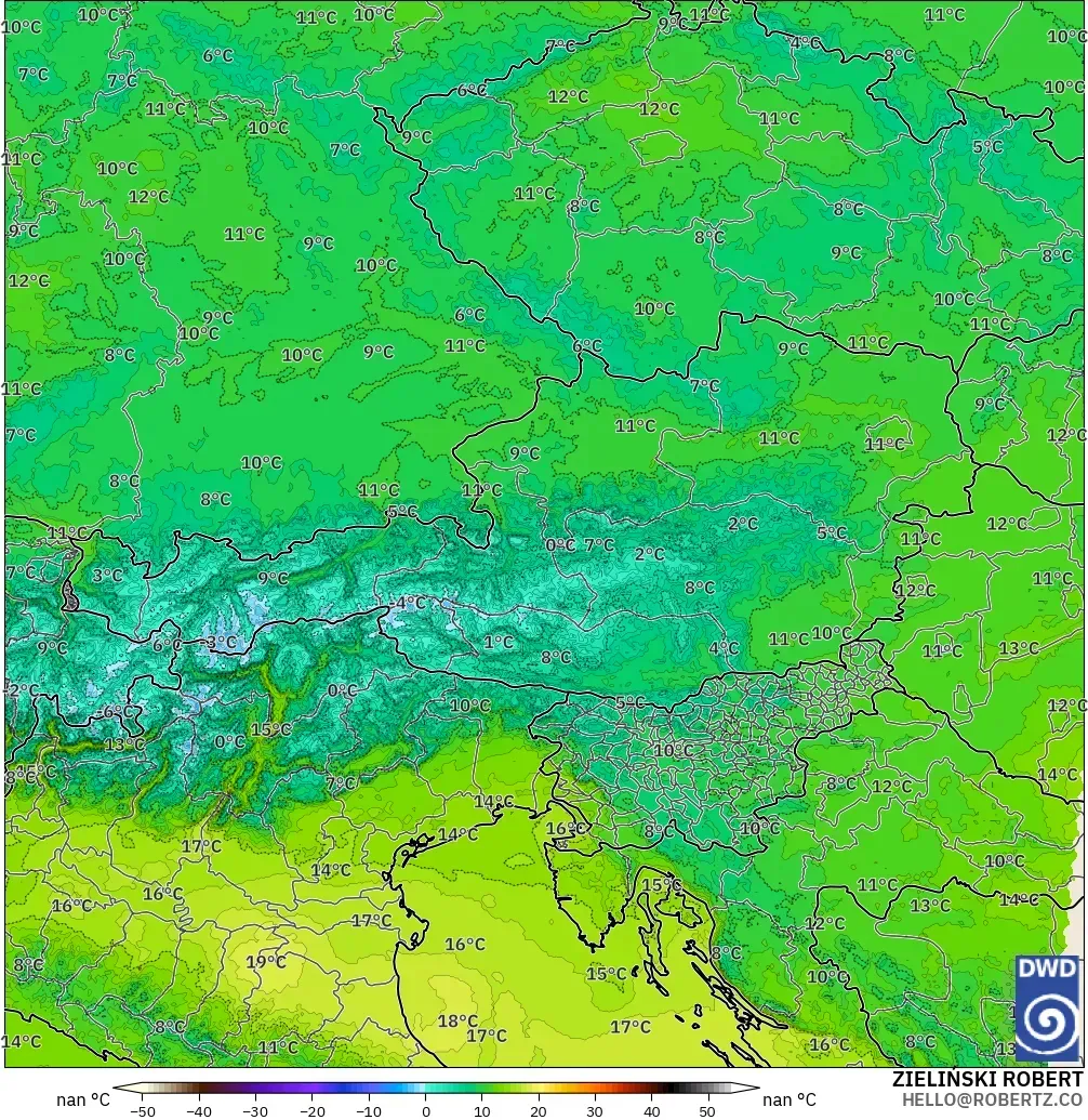 ICON Alemania 2 km modelo - Austria, Temperatura a 850 hPa