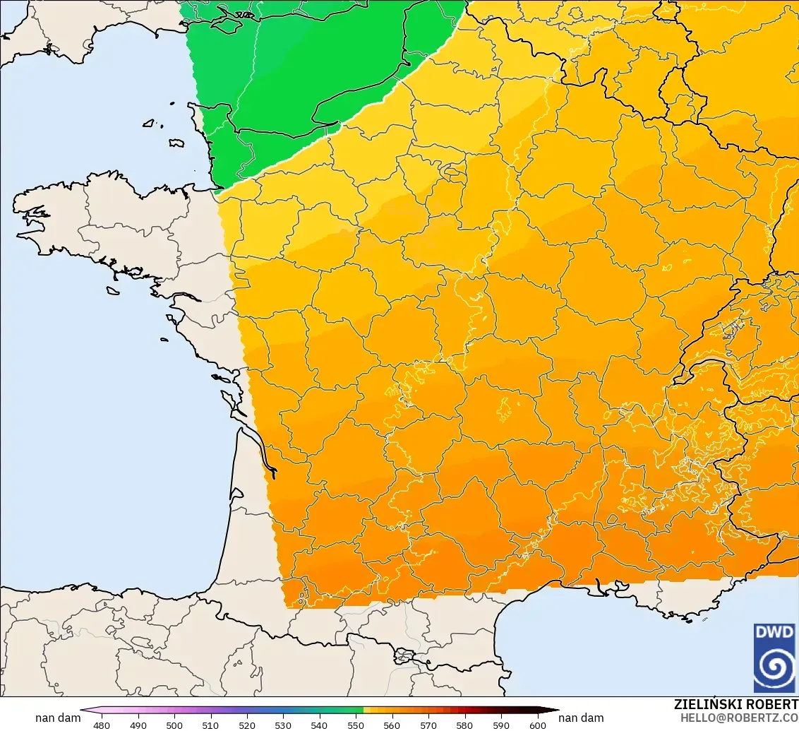 ICON Alemania 2 km modelo - Francia, Altura geopotencial a 500 hPa
