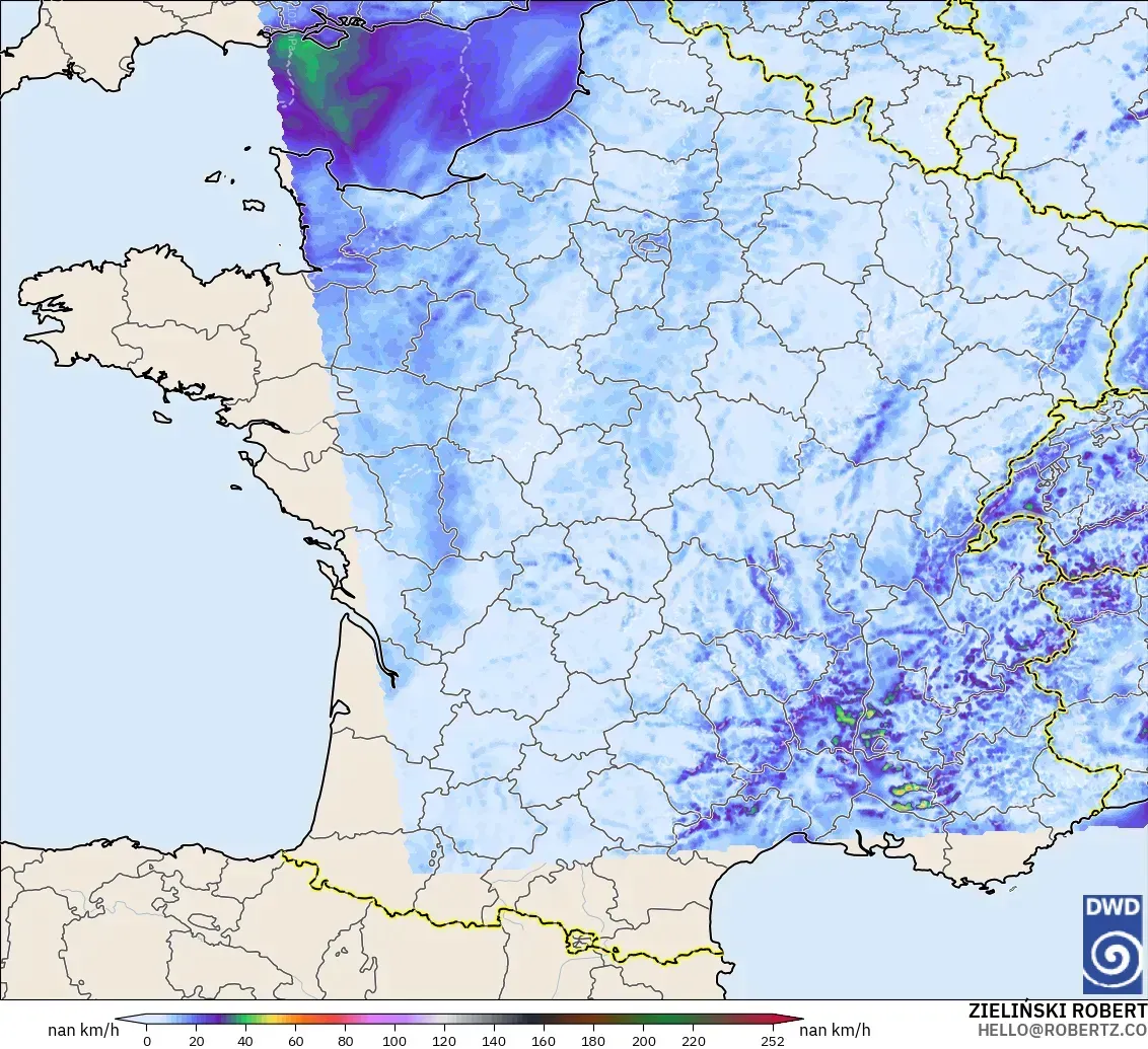 ICON Alemania 2 km modelo - Francia, Ráfagas de viento