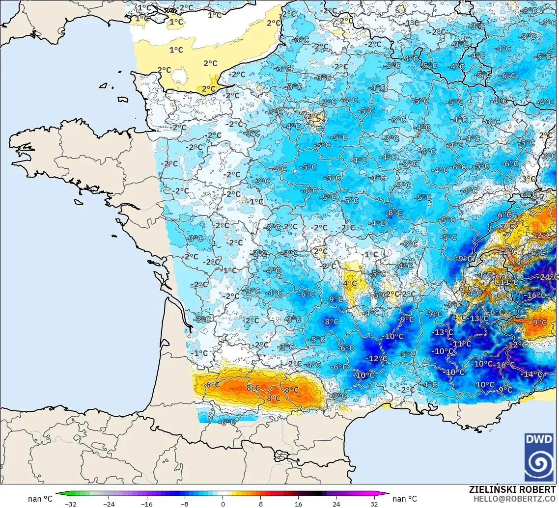 ICON Alemania 2 km modelo - Francia, Anomalía de temperatura a 2 m