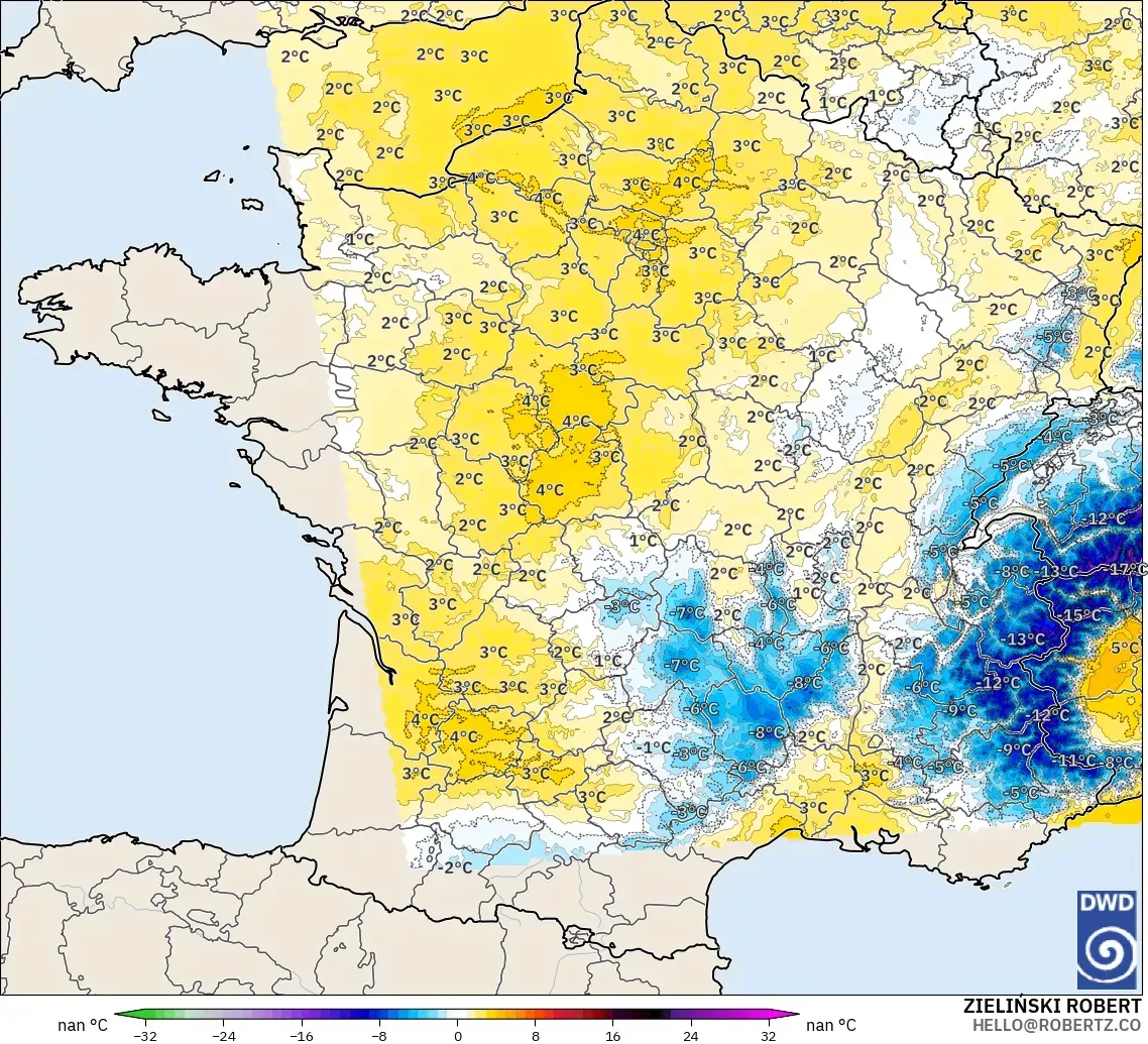 ICON Alemania 2 km modelo - Francia, Anomalía de temperatura a 850 hPa