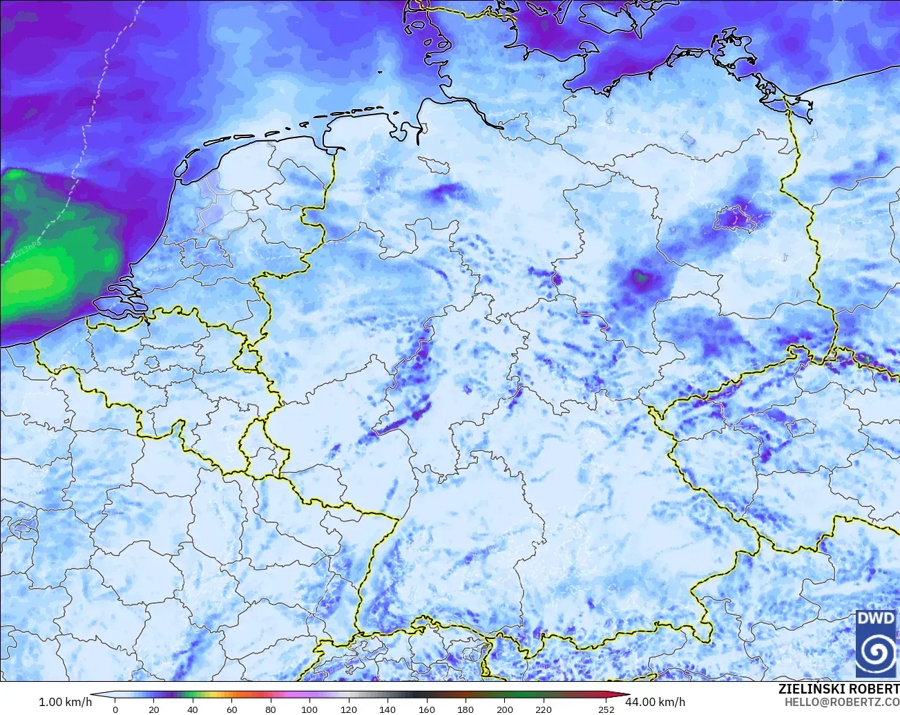 ICON Alemania 2 km modelo - Alemania, Ráfagas de Viento Máximas