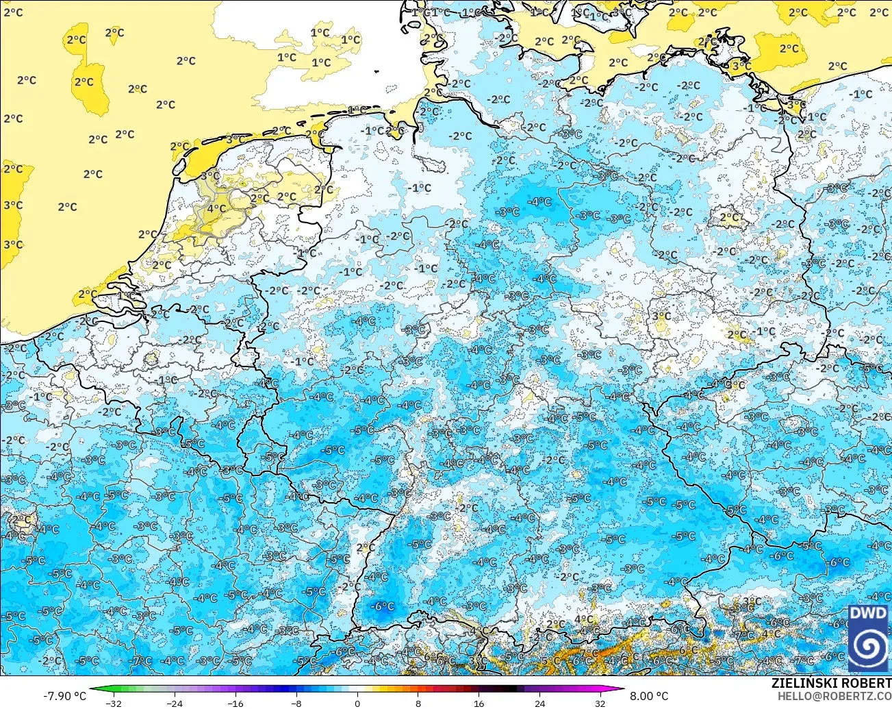 ICON Alemania 2 km modelo - Alemania, Anomalía de temperatura a 2 m