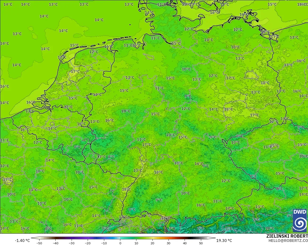 ICON Alemania 2 km modelo - Alemania, Temperatura a 2 m