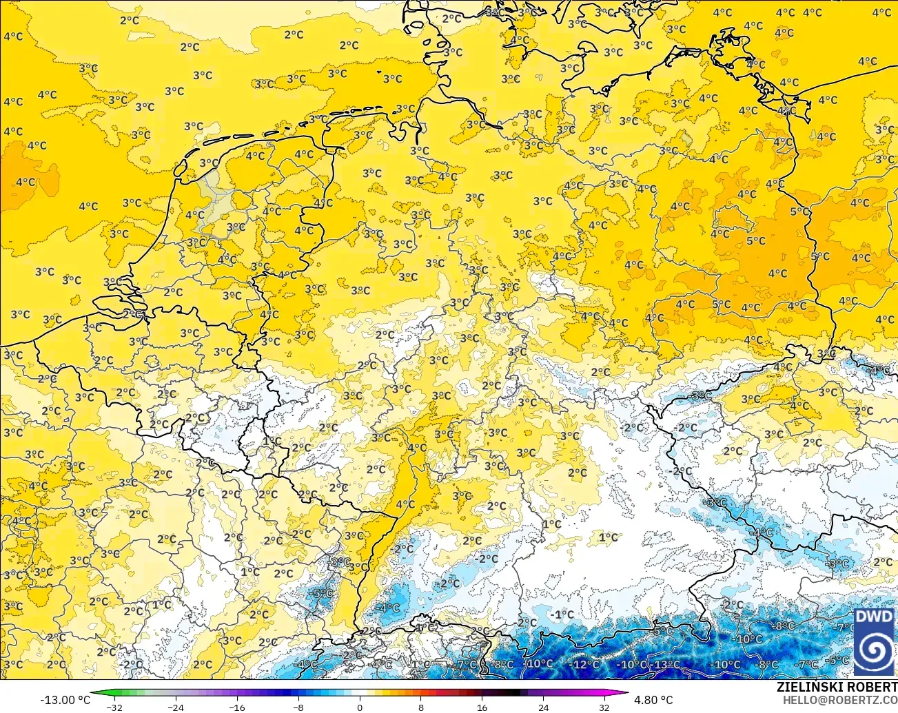 ICON Alemania 2 km modelo - Alemania, Anomalía de temperatura a 850 hPa