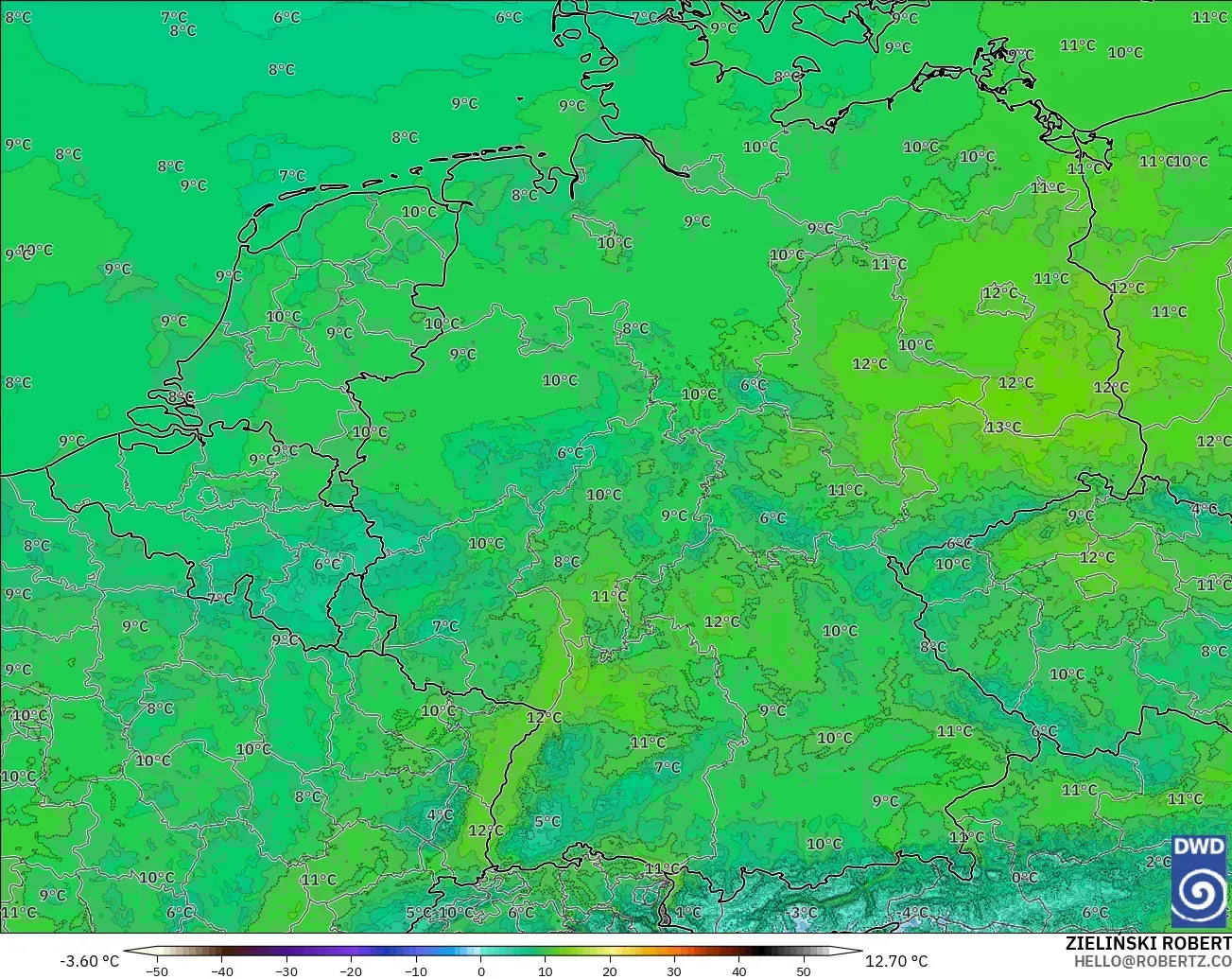ICON Alemania 2 km modelo - Alemania, Temperatura a 850 hPa