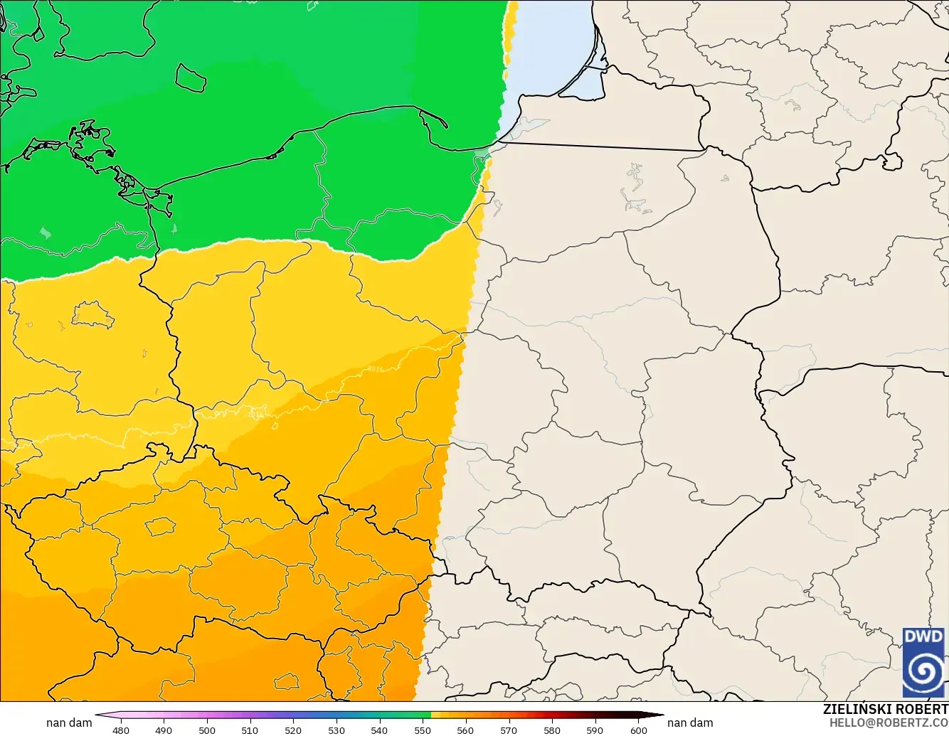 ICON Alemania 2 km modelo - Polonia, Altura geopotencial a 500 hPa