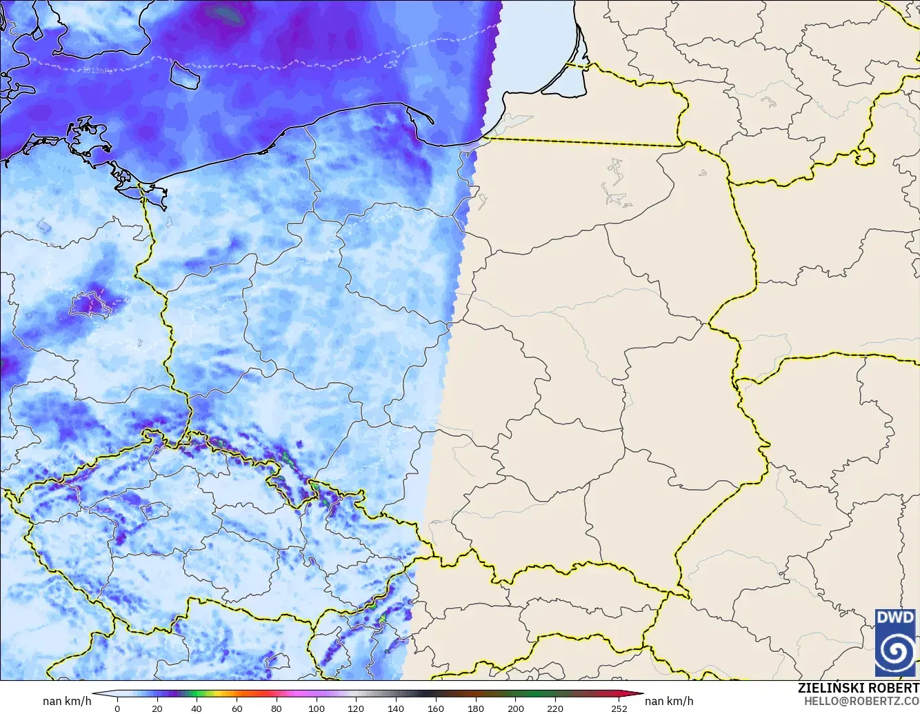 ICON Alemania 2 km modelo - Polonia, Ráfagas de viento