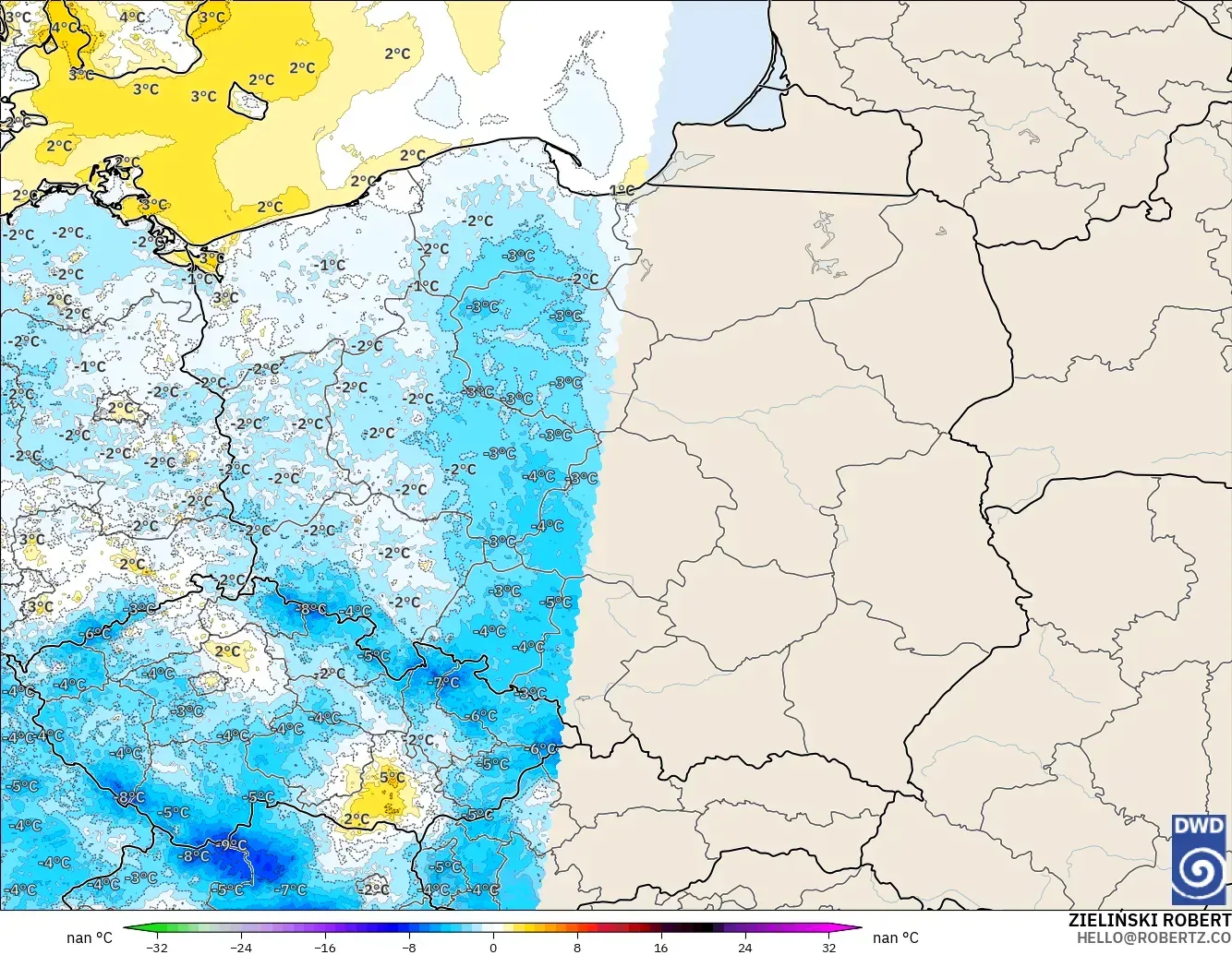 ICON Alemania 2 km modelo - Polonia, Anomalía de temperatura a 2 m