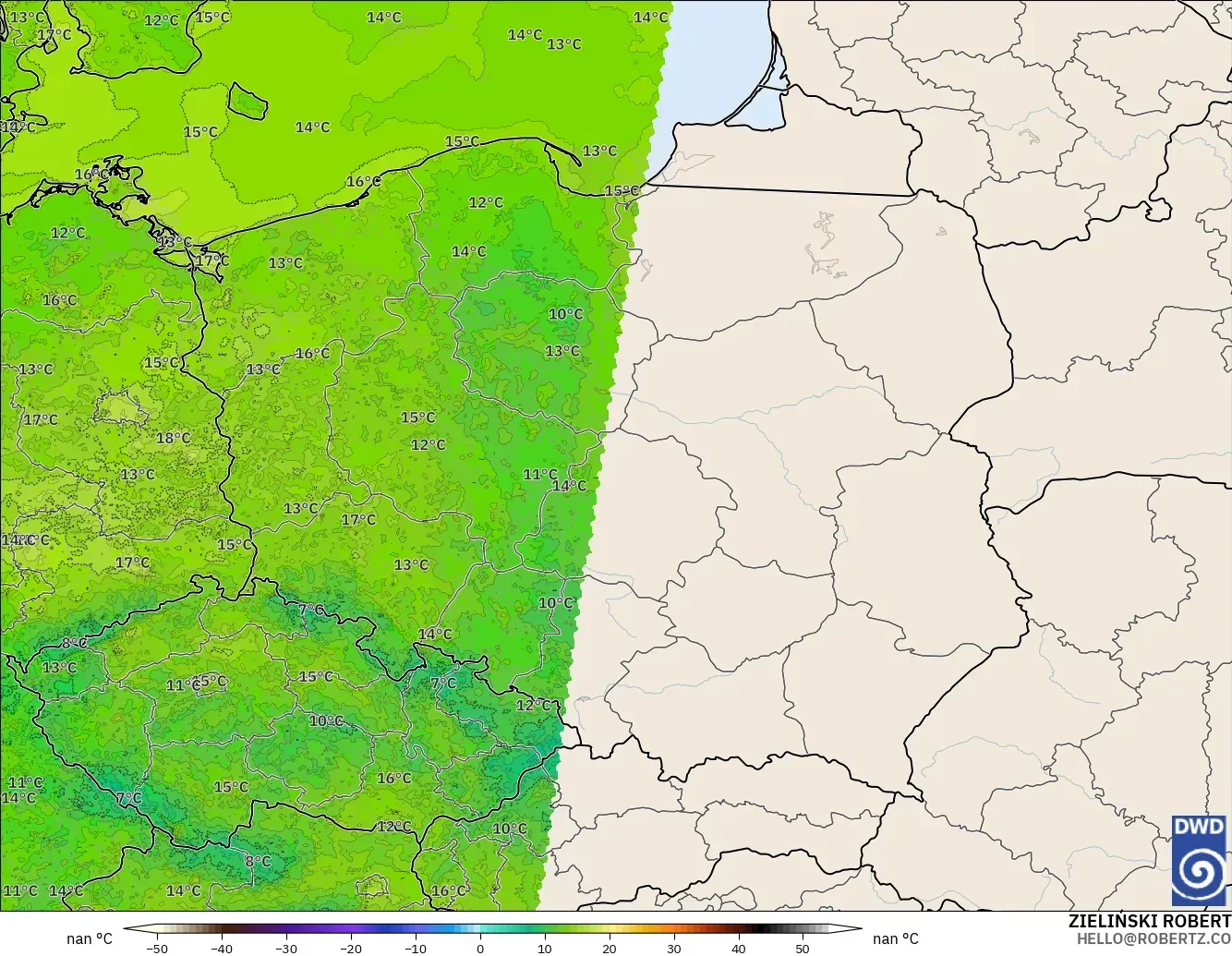 ICON Alemania 2 km modelo - Polonia, Temperatura a 2 m