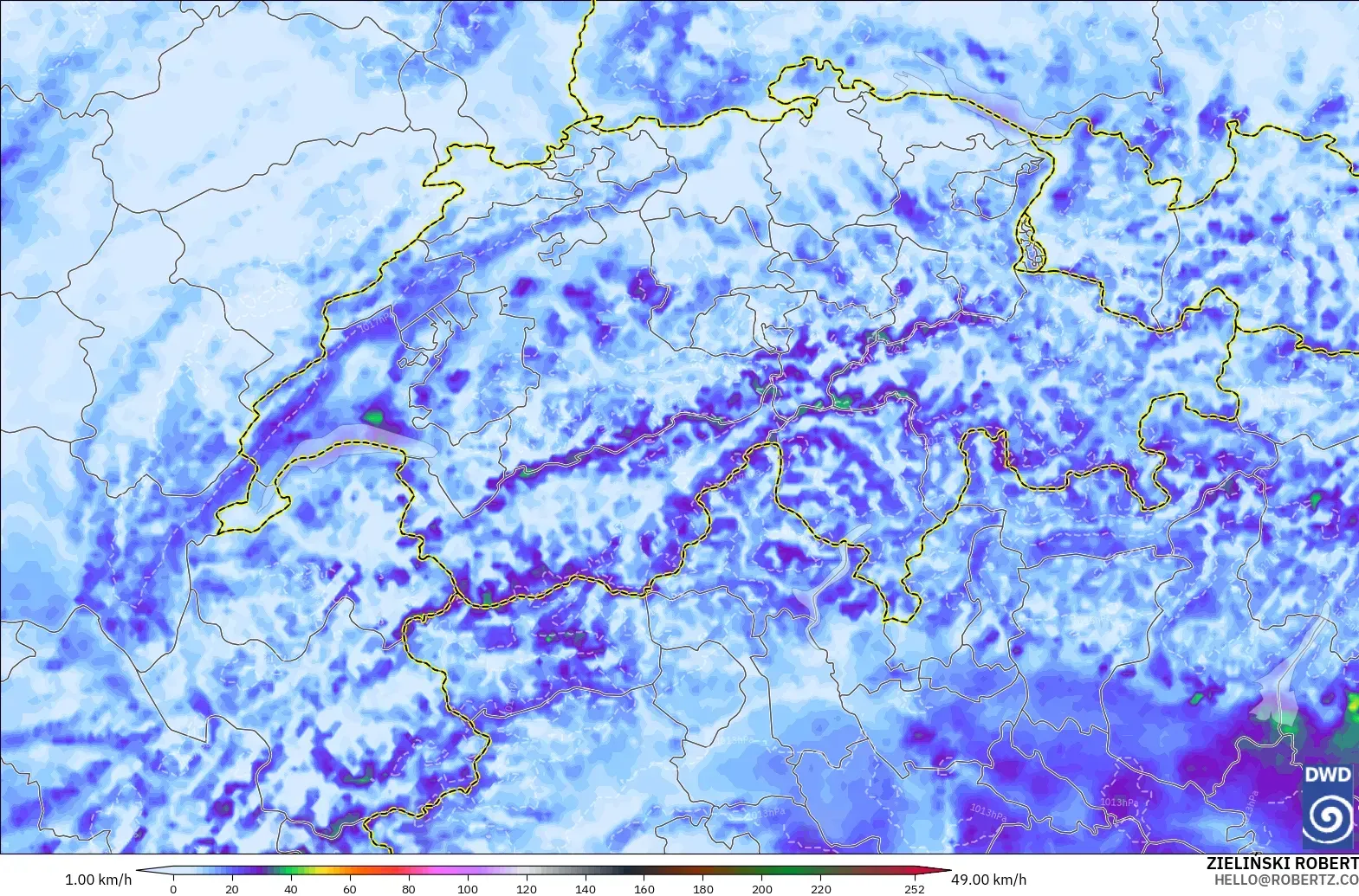 ICON Alemania 2 km modelo - Suiza, Ráfagas de viento