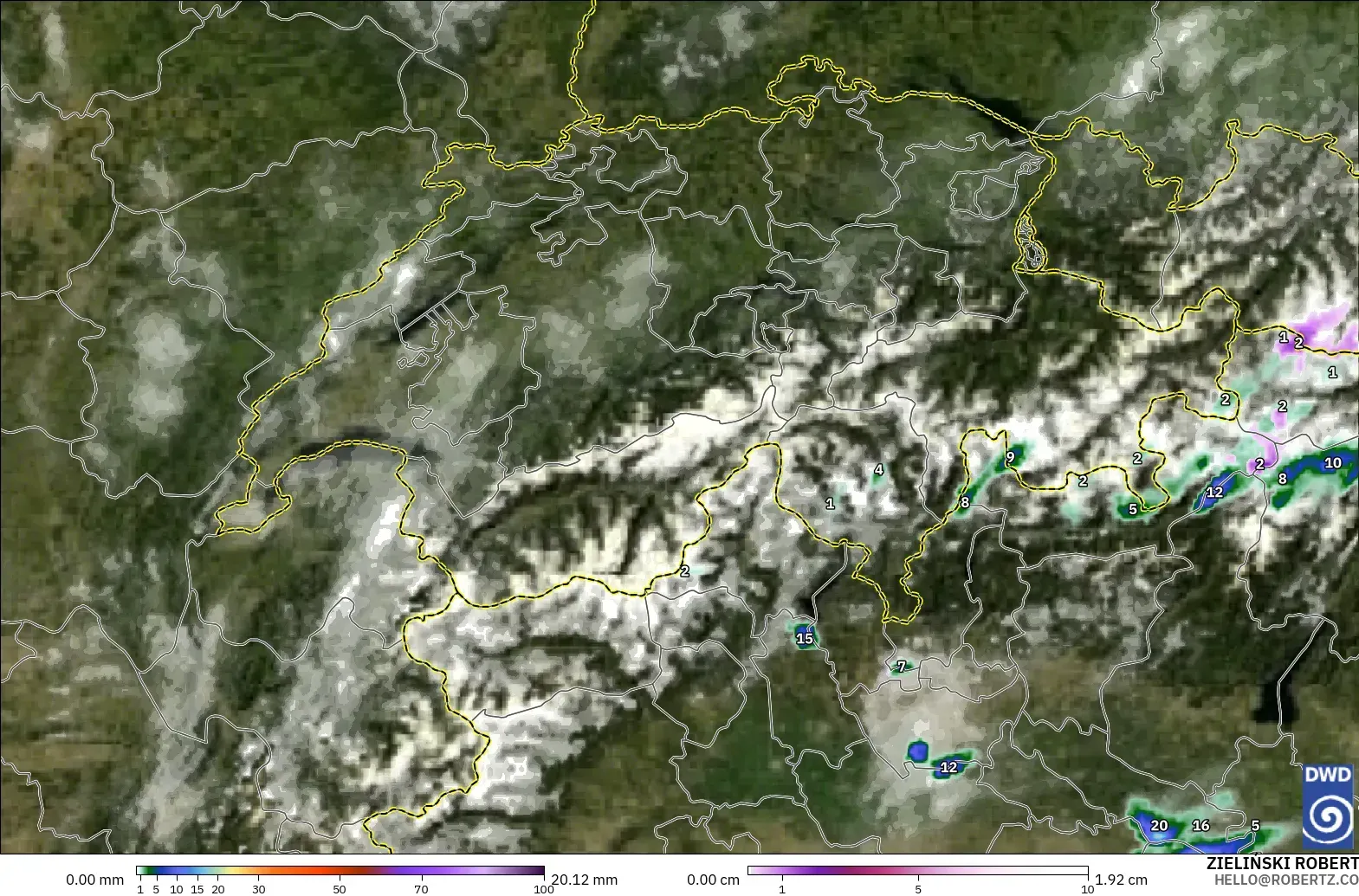 ICON Alemania 2 km modelo - Suiza, Precipitación, nubes y presión