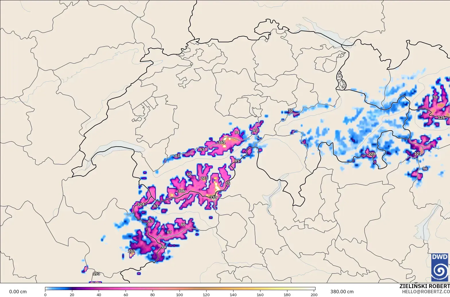 ICON Alemania 2 km modelo - Suiza, Profundidad de nieve