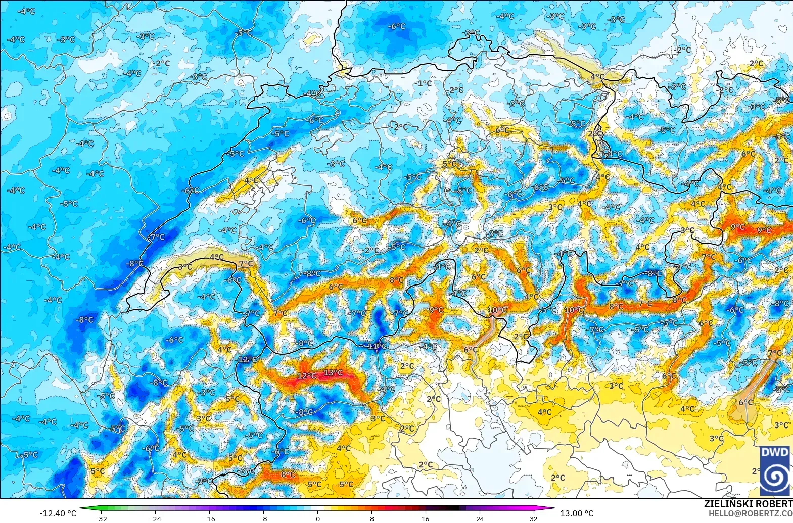 ICON Alemania 2 km modelo - Suiza, Anomalía de temperatura a 2 m