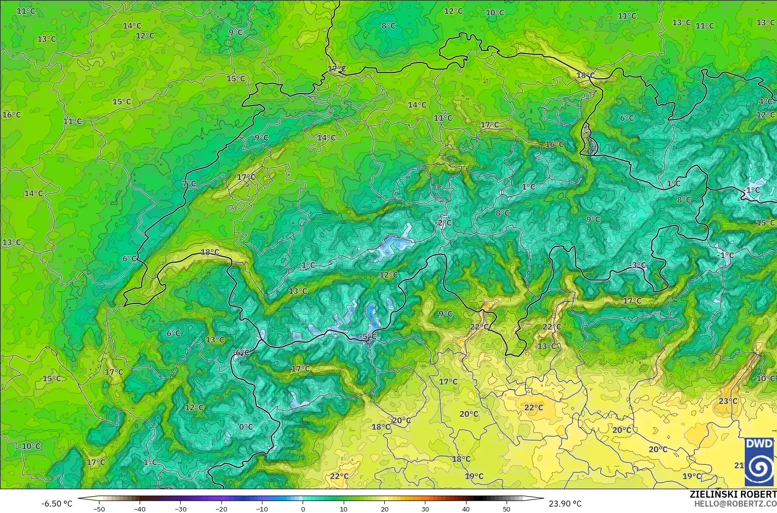 ICON Alemania 2 km modelo - Suiza, Temperatura a 2 m