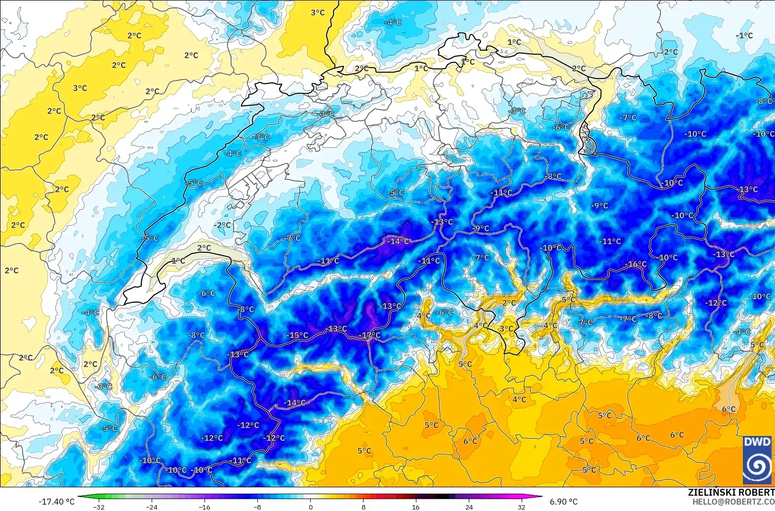 ICON Alemania 2 km modelo - Suiza, Anomalía de temperatura a 850 hPa
