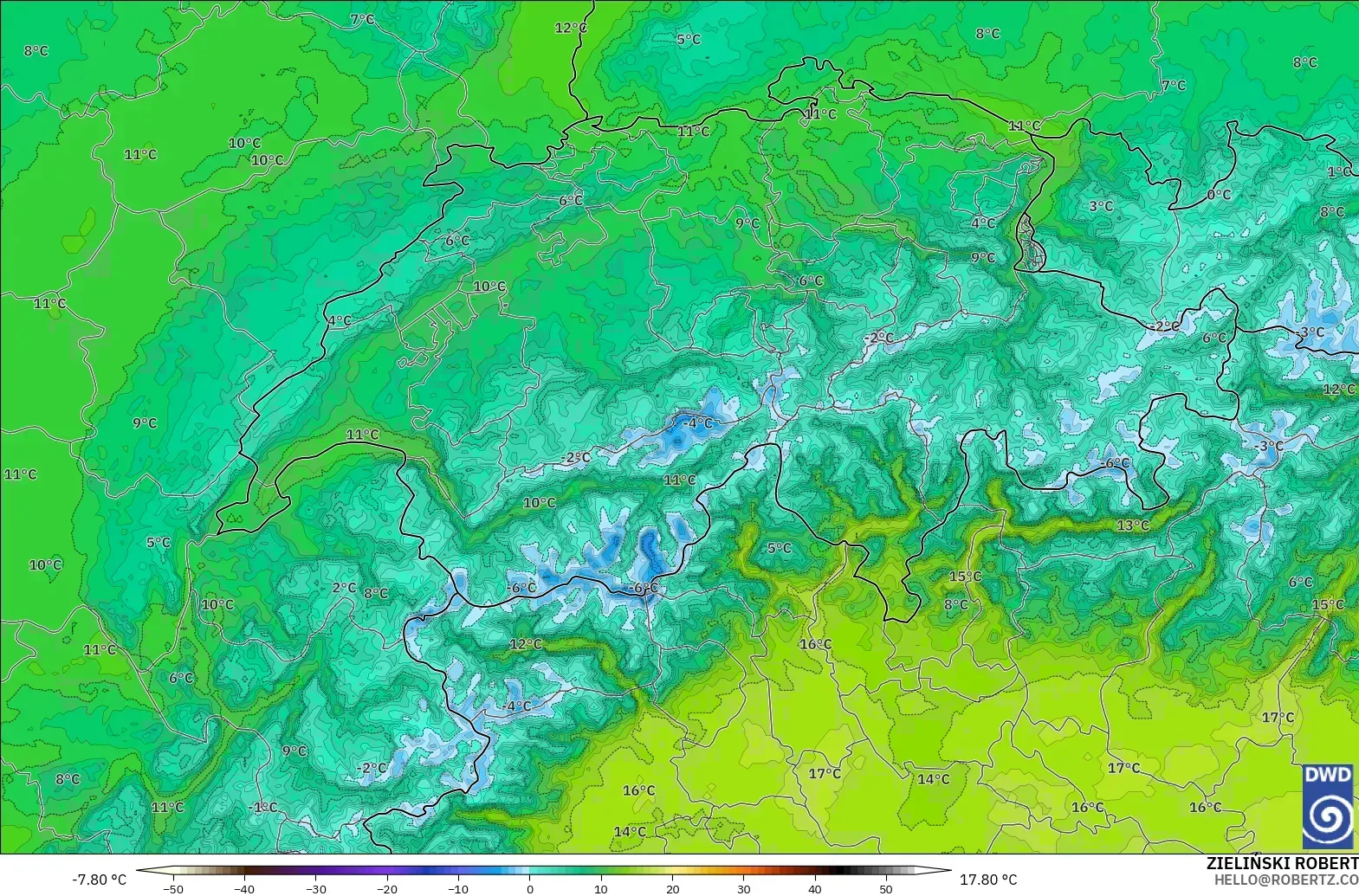 ICON Alemania 2 km modelo - Suiza, Temperatura a 850 hPa