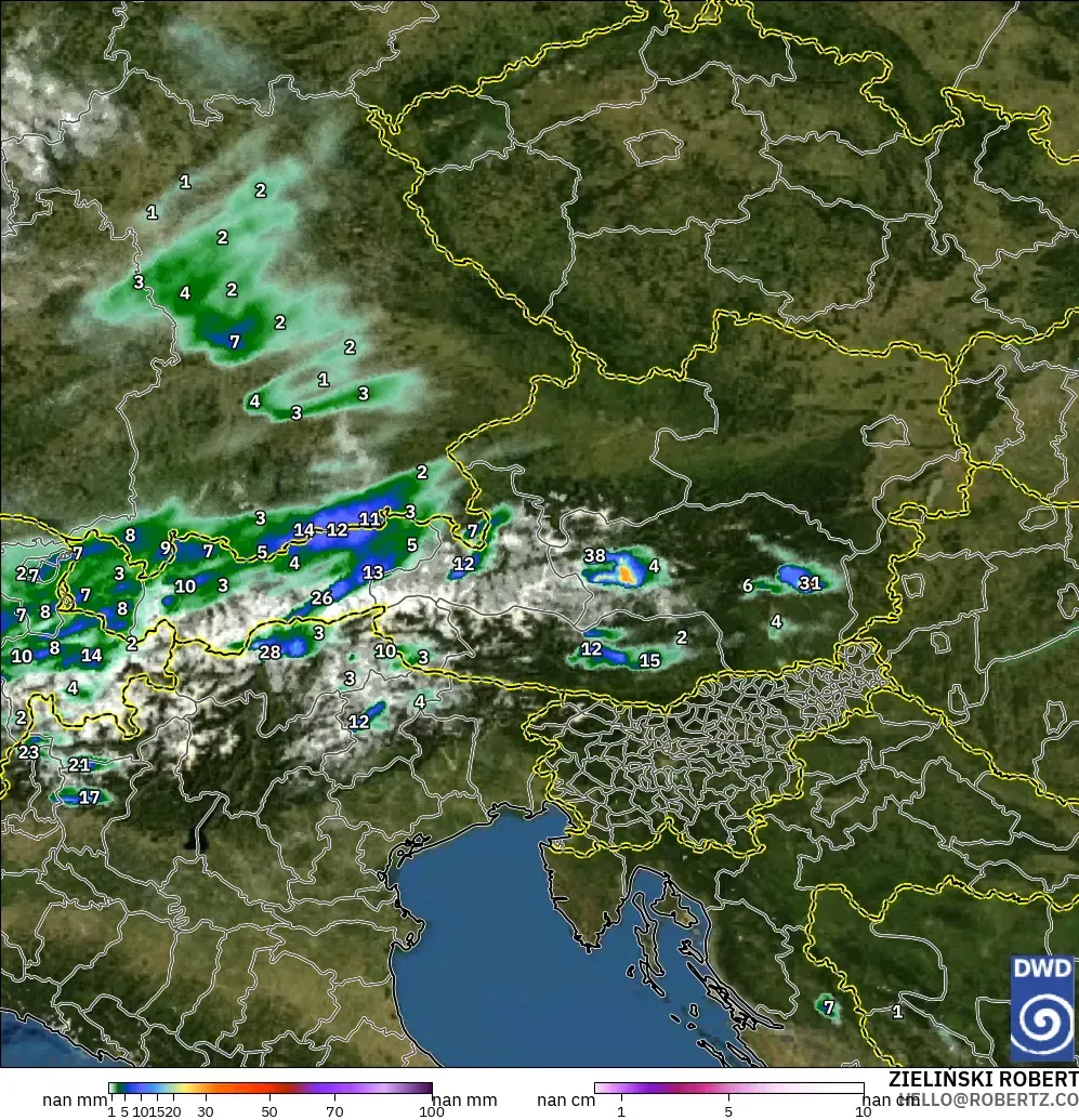 ICON Alemania 2 km modelo - Austria, Precipitación, nubes y presión