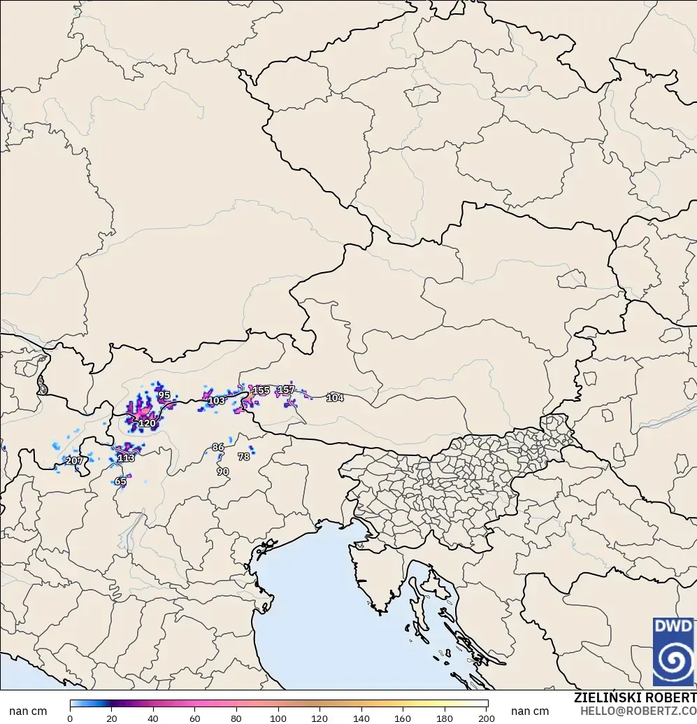 ICON Alemania 2 km modelo - Austria, Profundidad de nieve