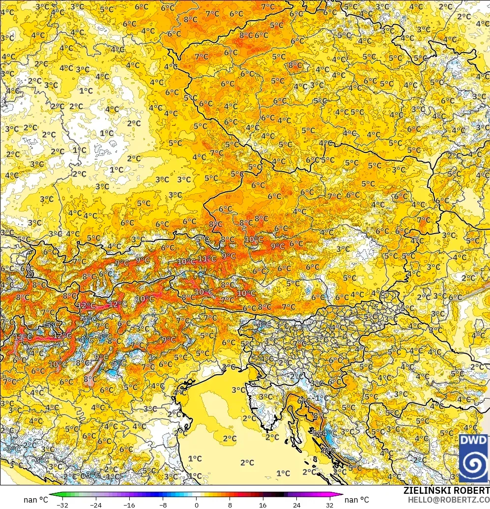 ICON Alemania 2 km modelo - Austria, Anomalía de temperatura a 2 m
