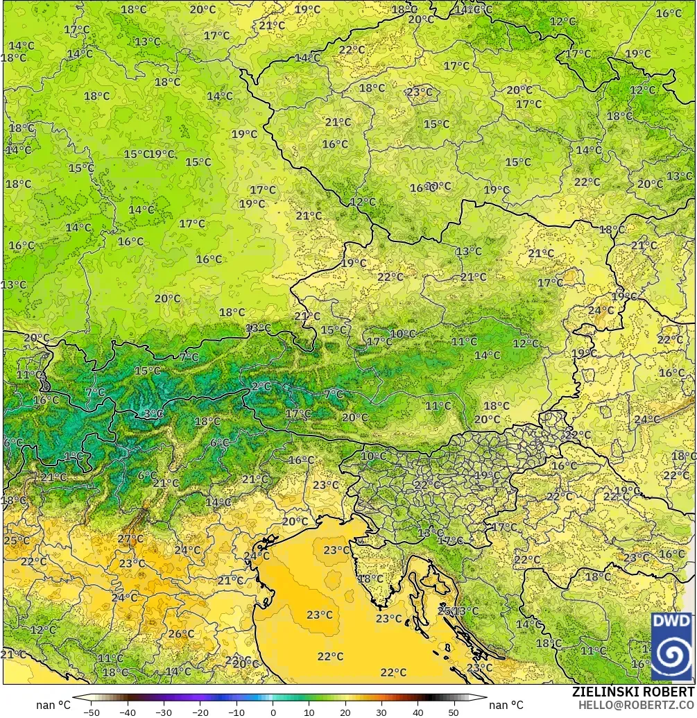 ICON Alemania 2 km modelo - Austria, Temperatura a 2 m