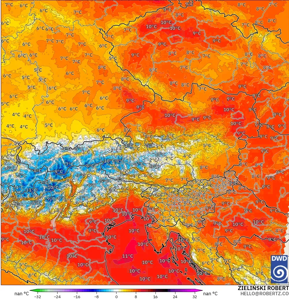 ICON Alemania 2 km modelo - Austria, Anomalía de temperatura a 850 hPa