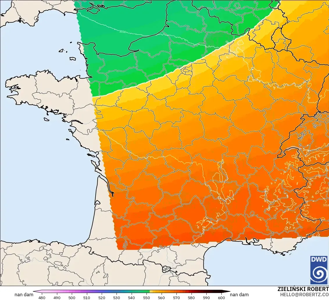 ICON Alemania 2 km modelo - Francia, Altura geopotencial a 500 hPa